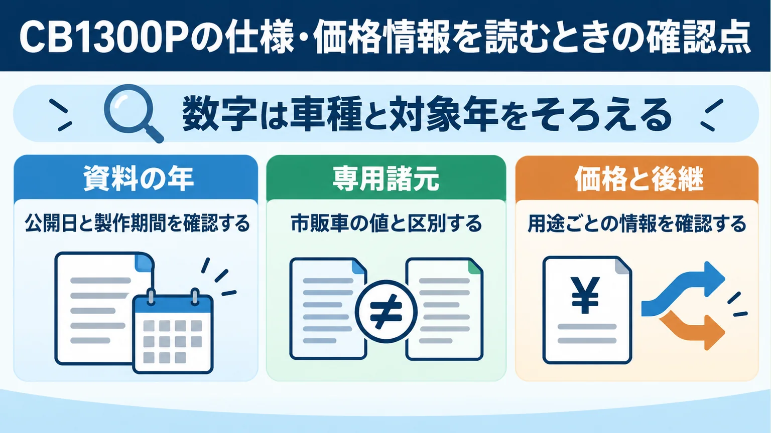 資料の年、専用諸元、価格と後継の3カード。公開日と製作期間、市販車の値との区別、用途別確認を表示。
