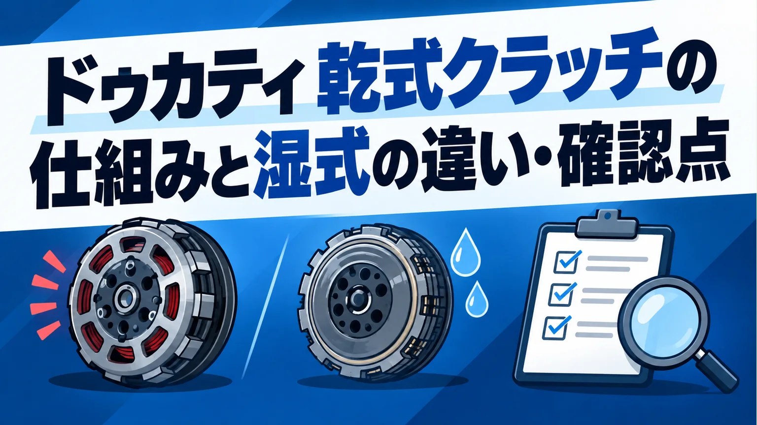 記事タイトル全文、乾式と湿式の概念アイコン、水滴と確認書類を組み合わせたアイキャッチ