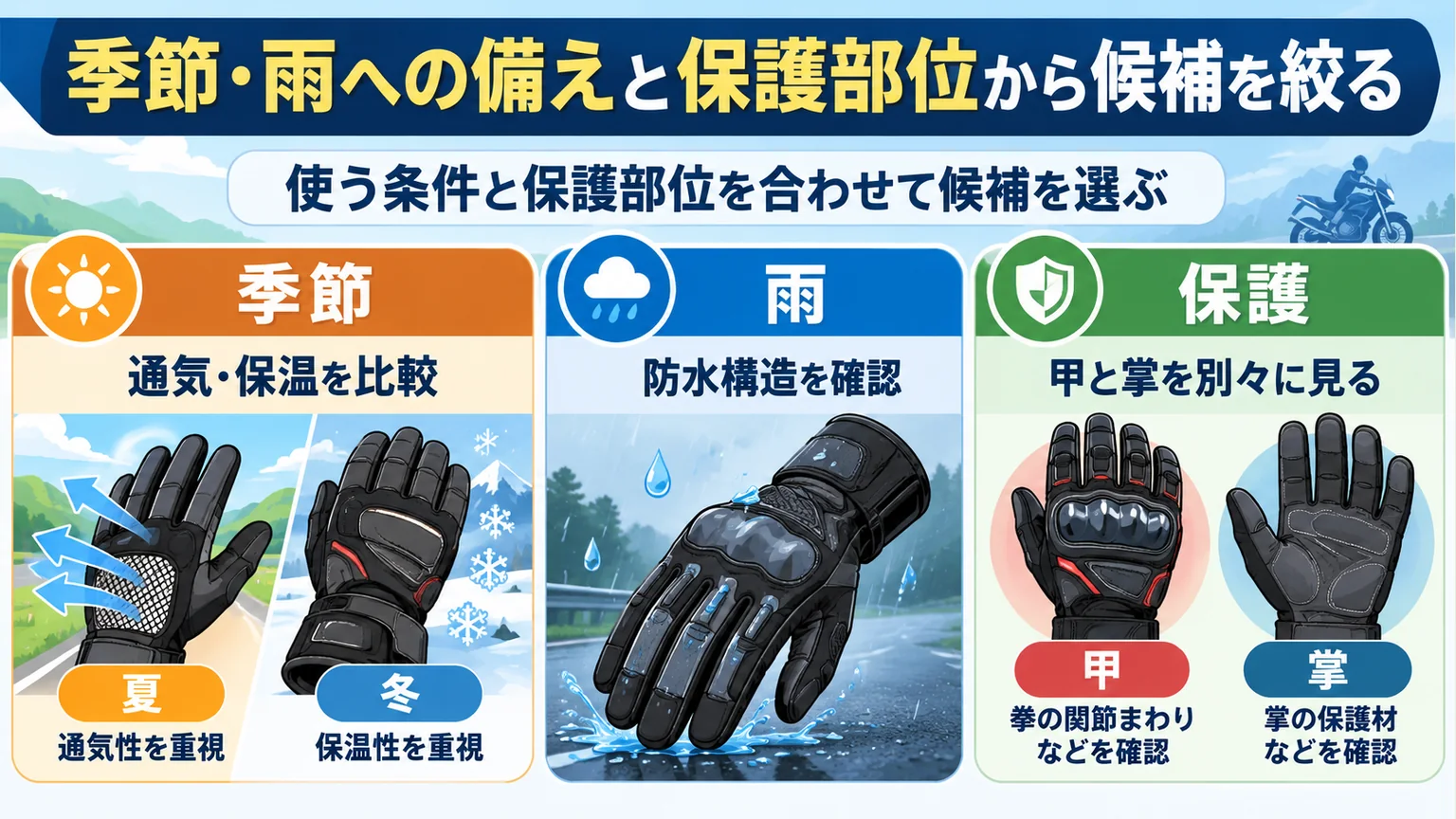 グローブの季節、雨への備え、甲と掌の保護を比べる図