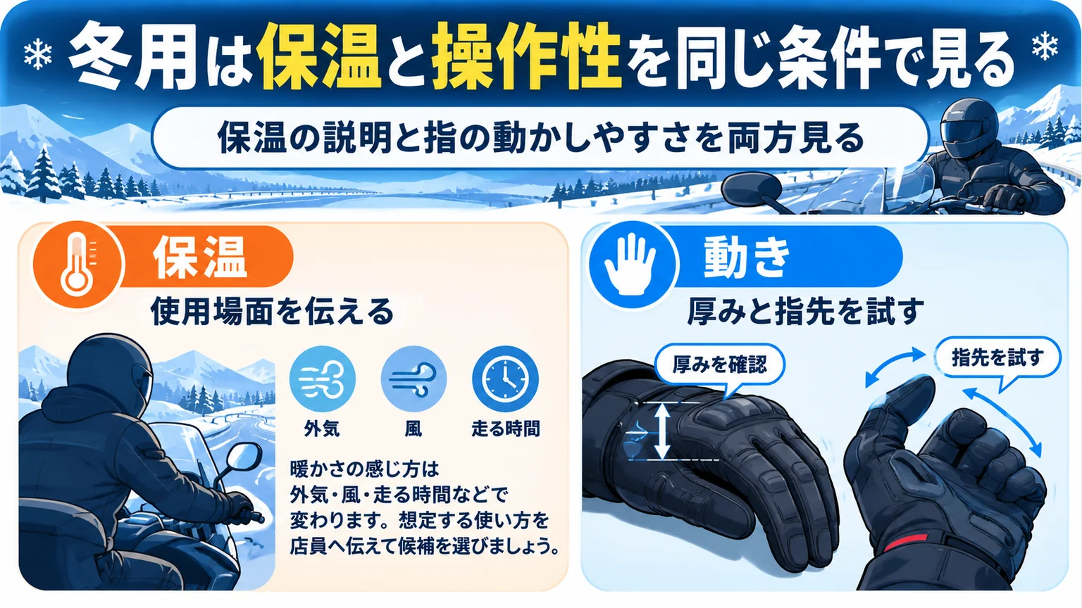 冬用グローブの保温条件と指先の動きを確認する図