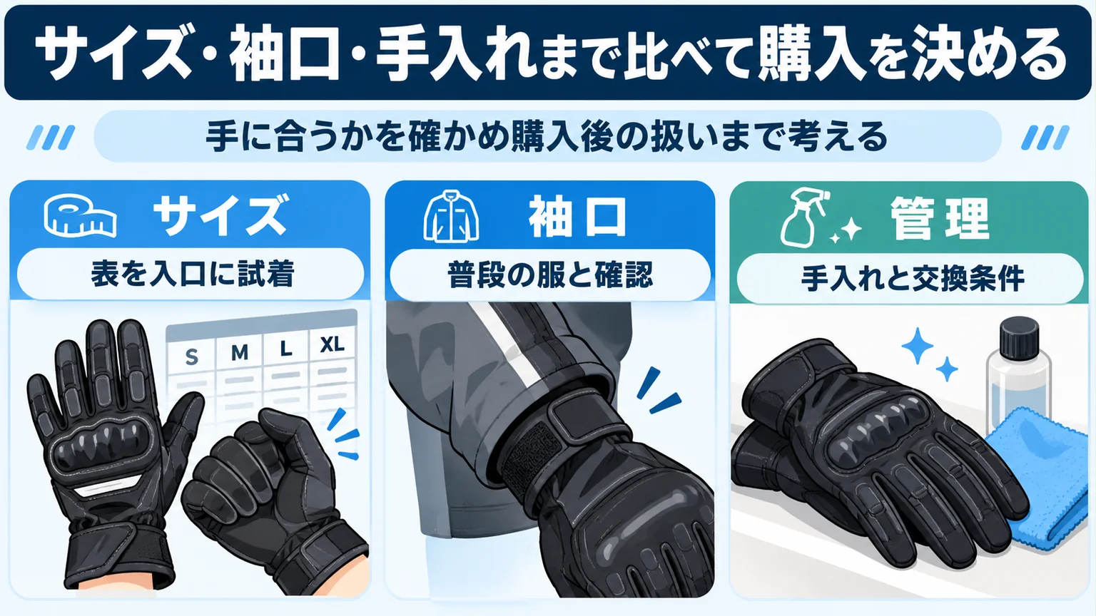 グローブのサイズ、袖口、手入れと交換条件を比較する図