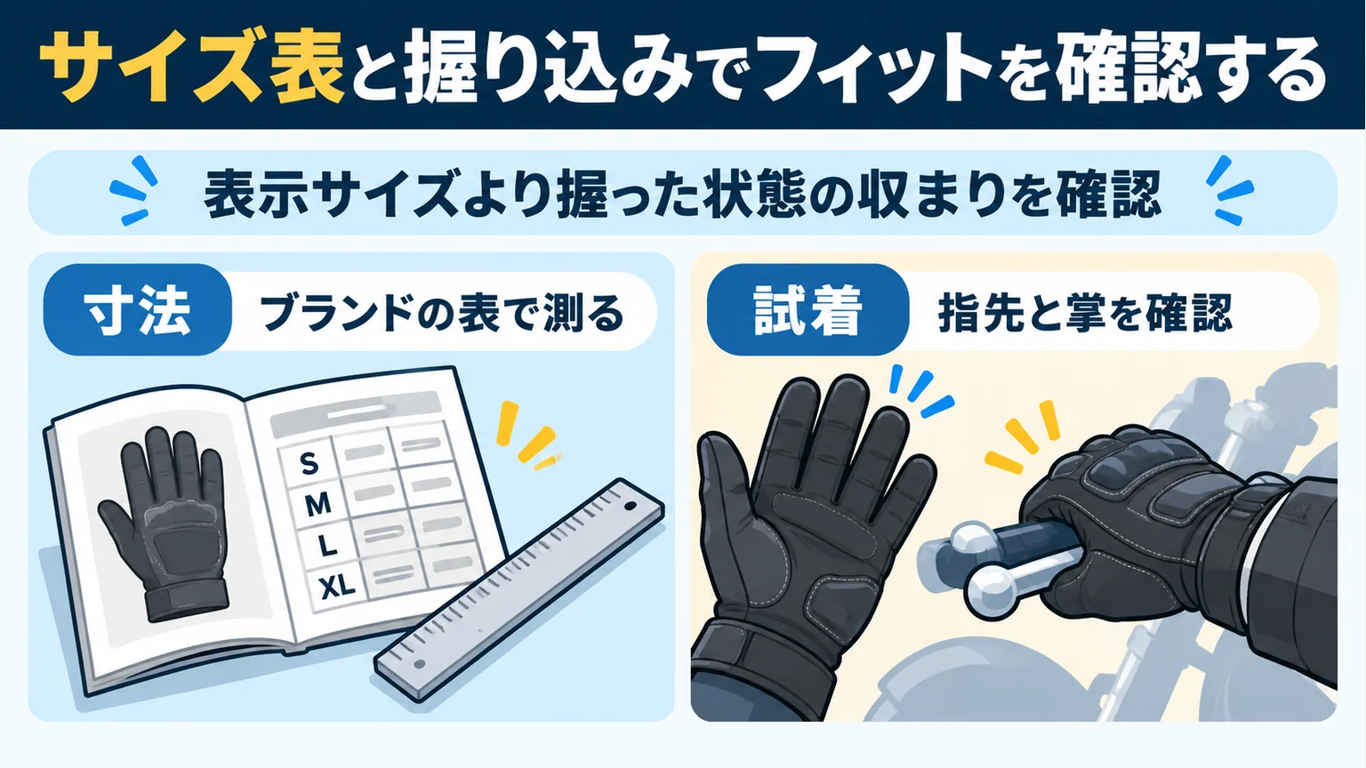 ブランドの寸法案内と握り込みによるグローブ試着の確認図