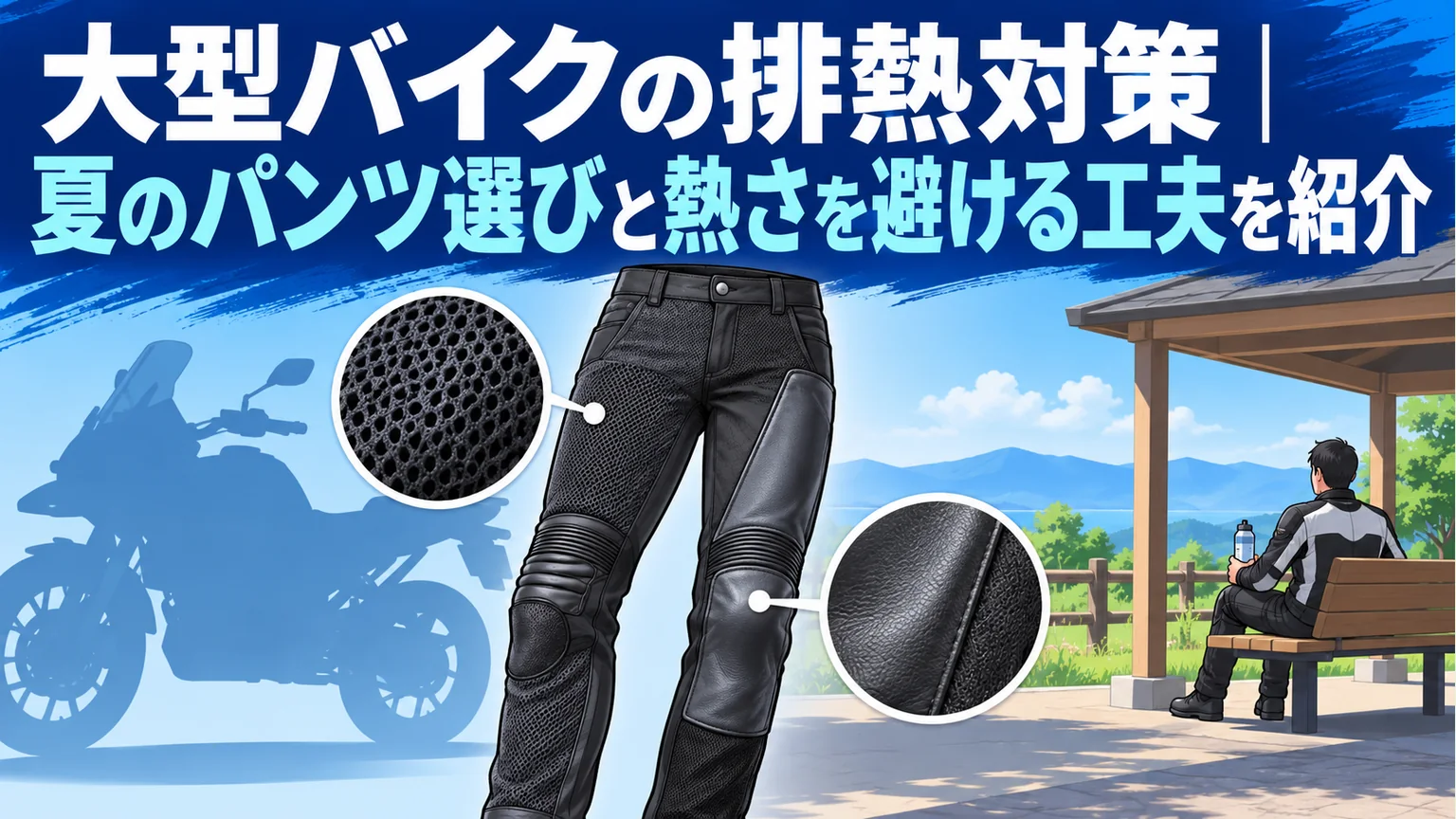 大型バイクの排熱対策としてパンツの素材と休憩計画を考えるイメージ