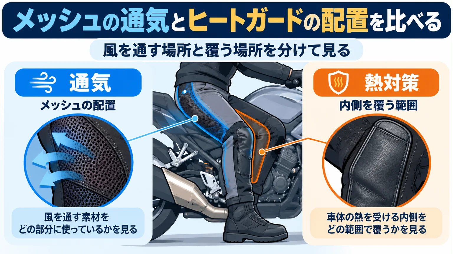 パンツのメッシュで通気する場所と革で内側を覆う範囲を比べる図