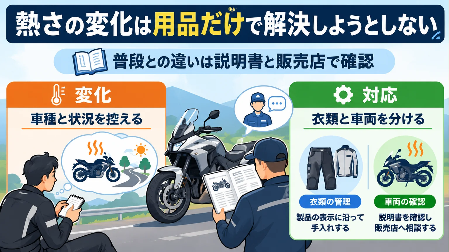 熱さの変化を車種と状況で記録し説明書と販売店へ確認する図