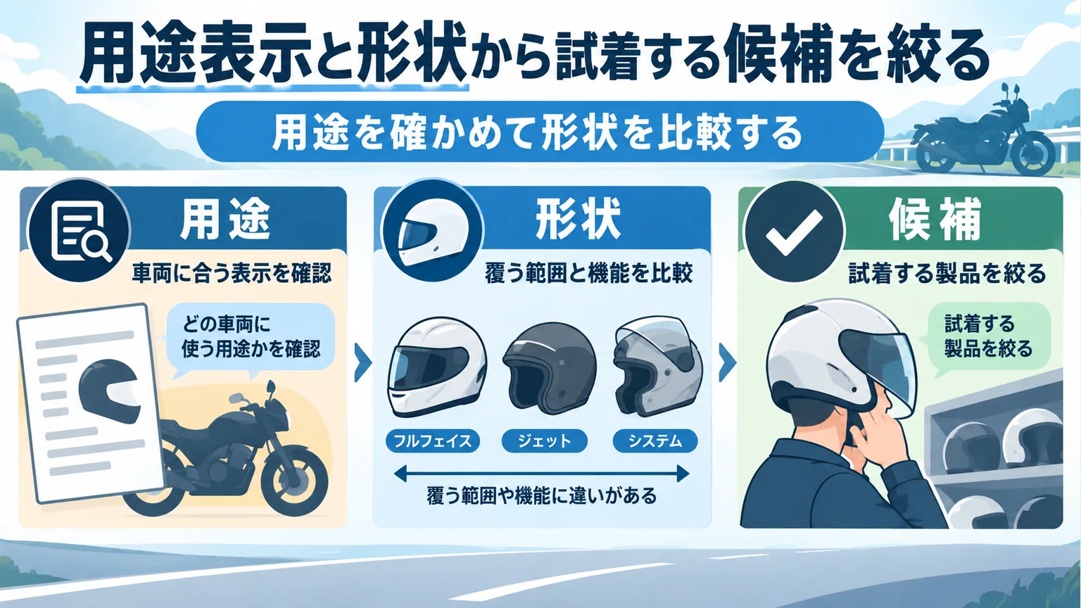 用途表示と形状から試着する候補を絞るの確認点をまとめた解説図