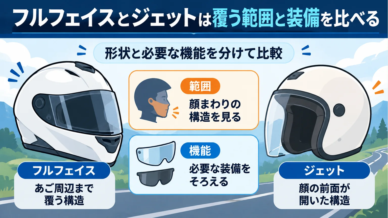 フルフェイスとジェットは覆う範囲と装備を比べるの確認点をまとめた解説図