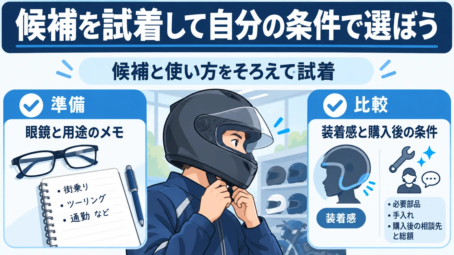候補を試着して自分の条件で選ぼうの確認点をまとめた解説図