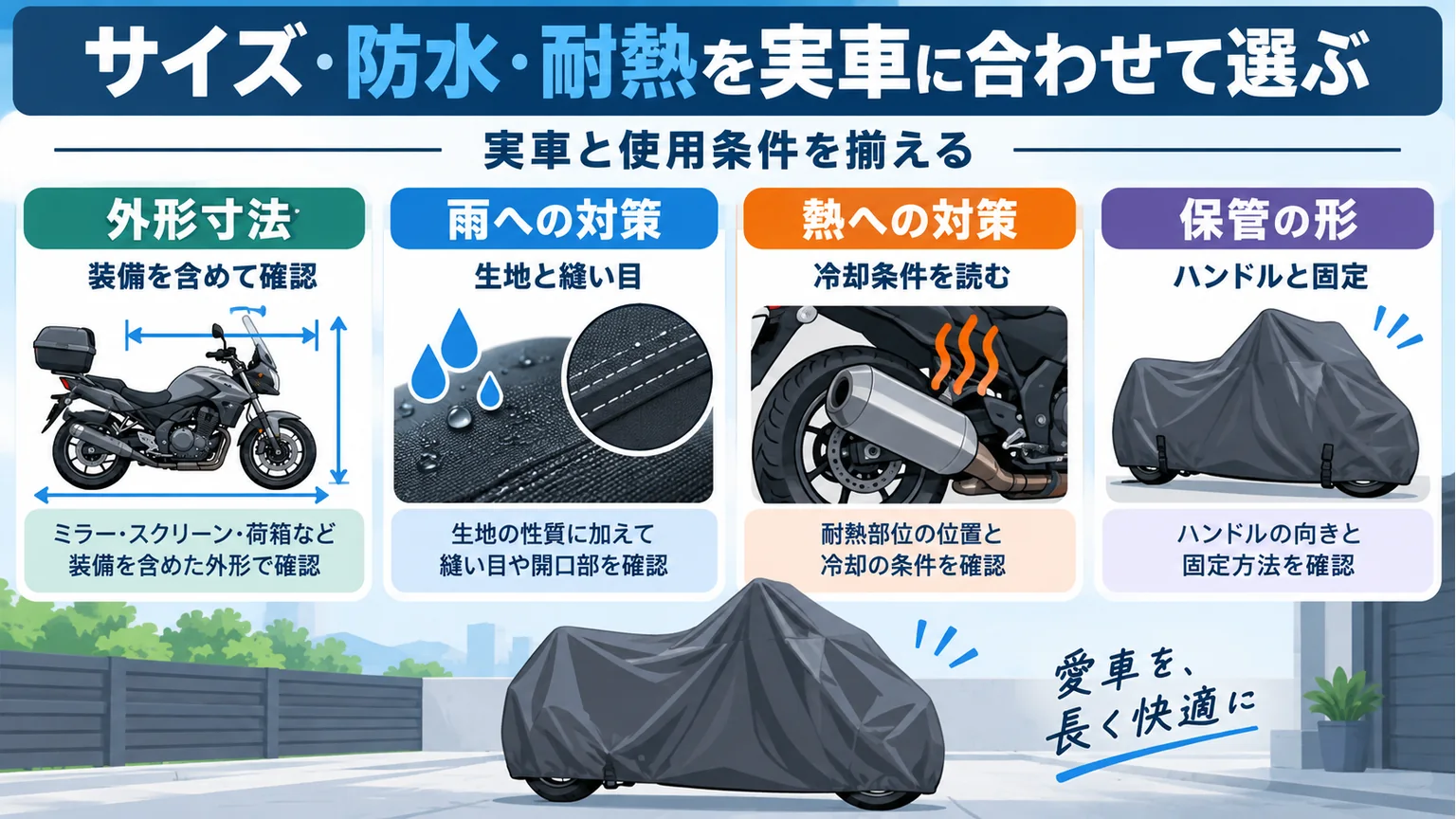 バイクカバーの外形寸法・雨への対策・冷却条件・保管時の固定を確認する図解
