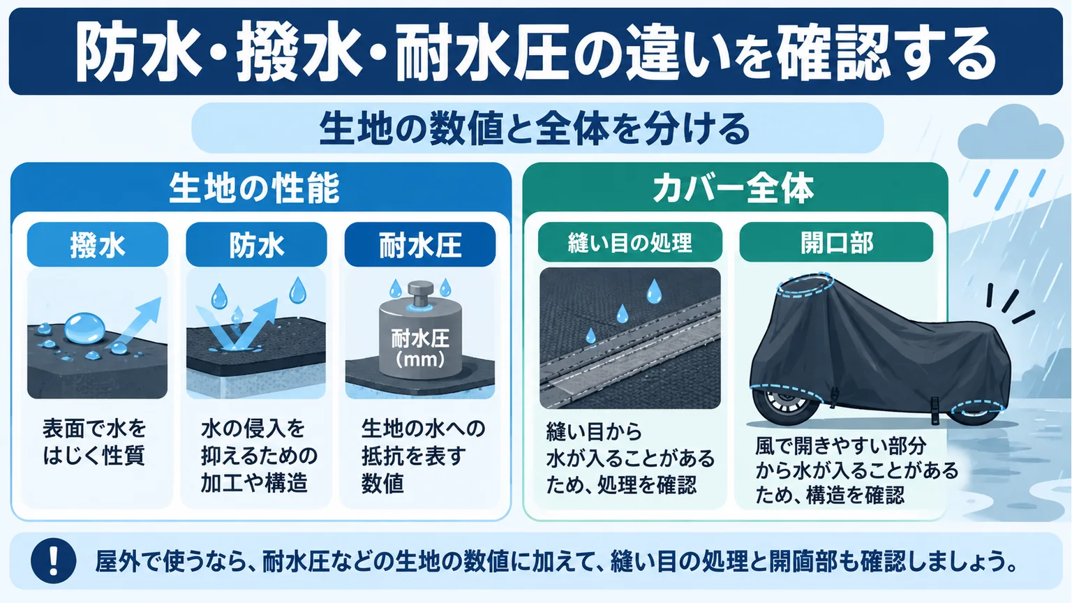 撥水・防水・耐水圧の意味と、カバーの縫い目・開口部を分けて示す図解