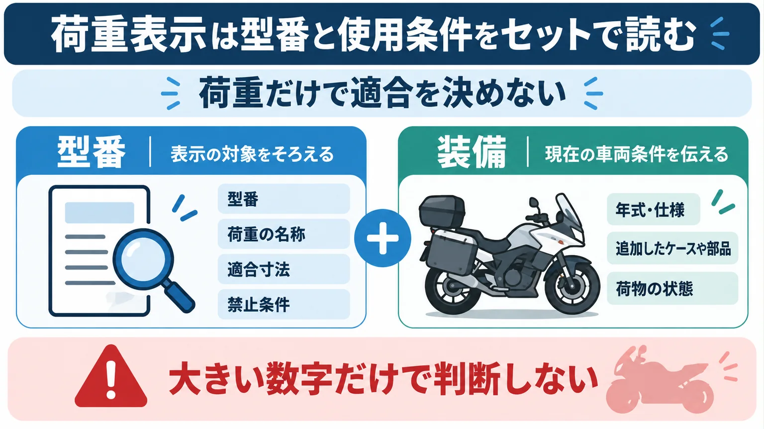 荷重表示は型番と使用条件をセットで読むの確認点を示す解説図