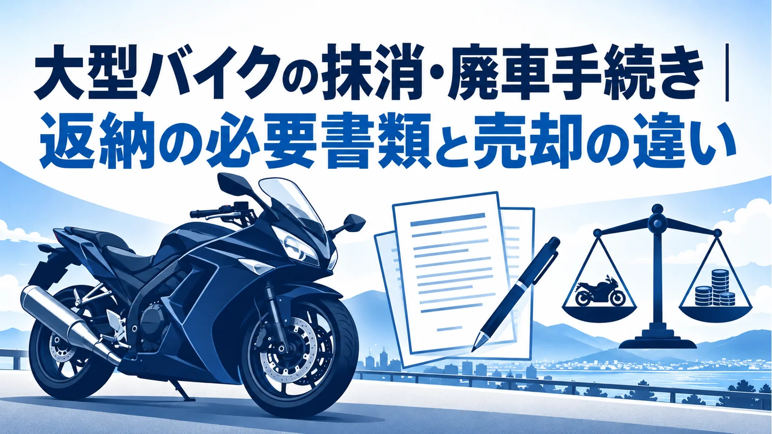 大型バイクの返納に必要な書類と売却との違いを伝えるタイトル図版