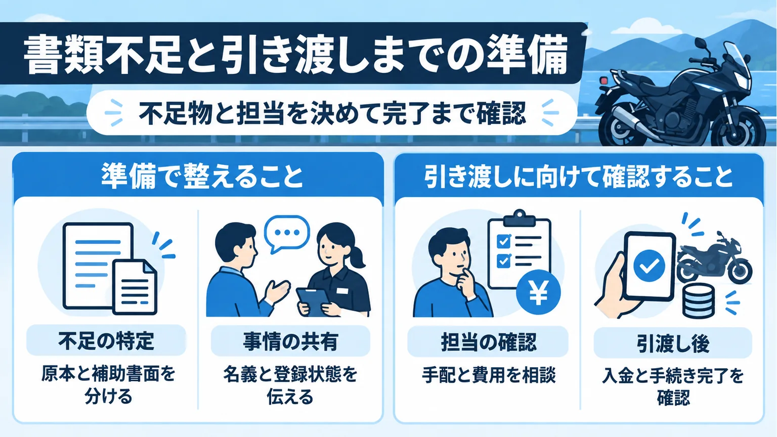 書類不足の確認から引き渡し後の入金と手続き完了までを整理した図