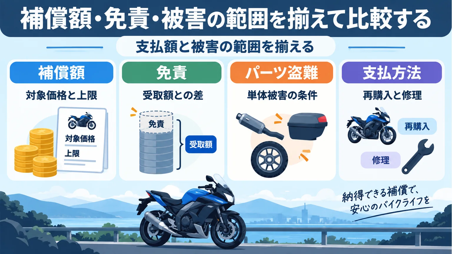 補償額・免責・パーツ盗難・支払方法を4項目で比較する図解