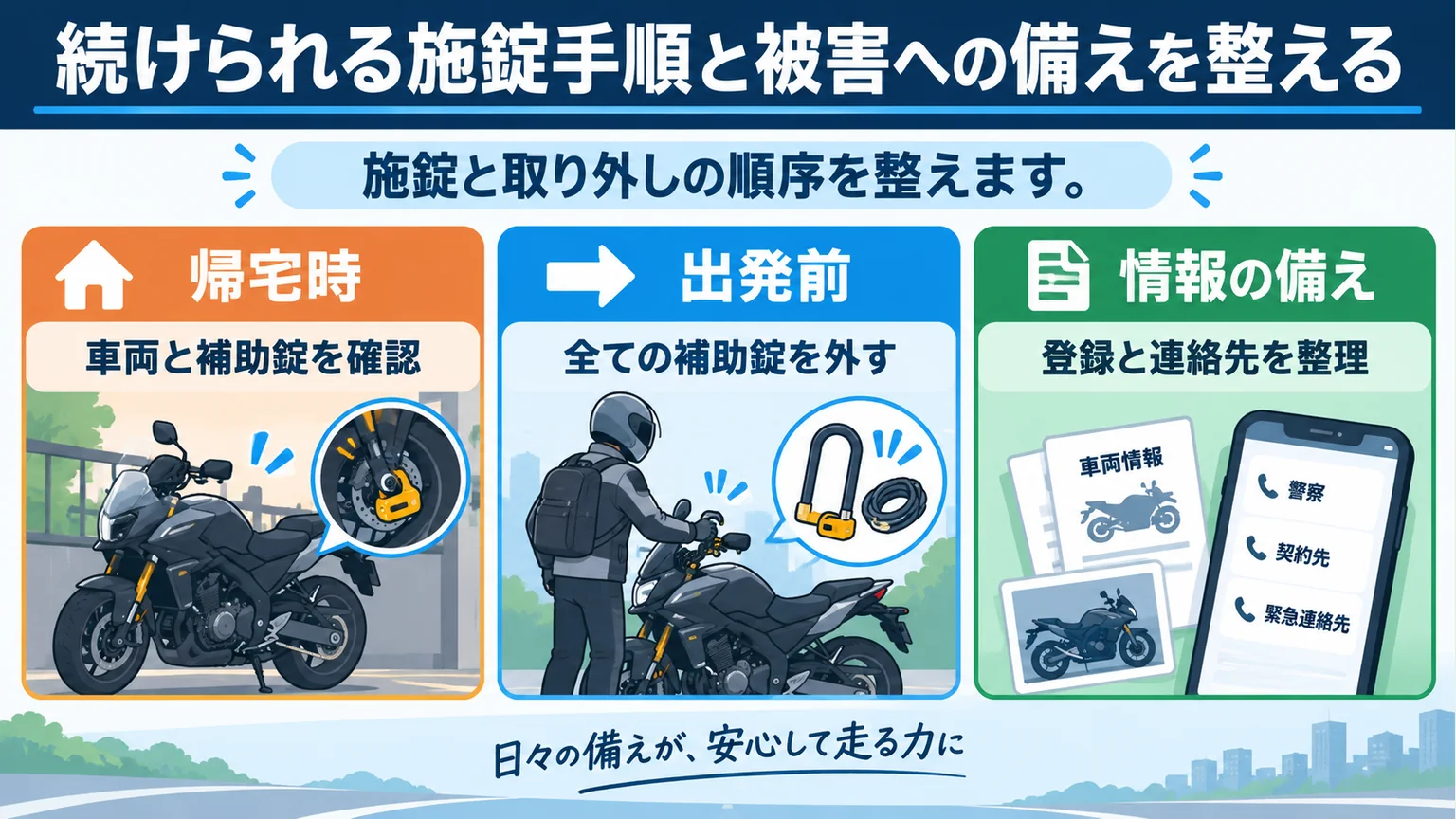 帰宅時の施錠、出発前の錠の取り外し、登録と連絡先の整理を示す図
