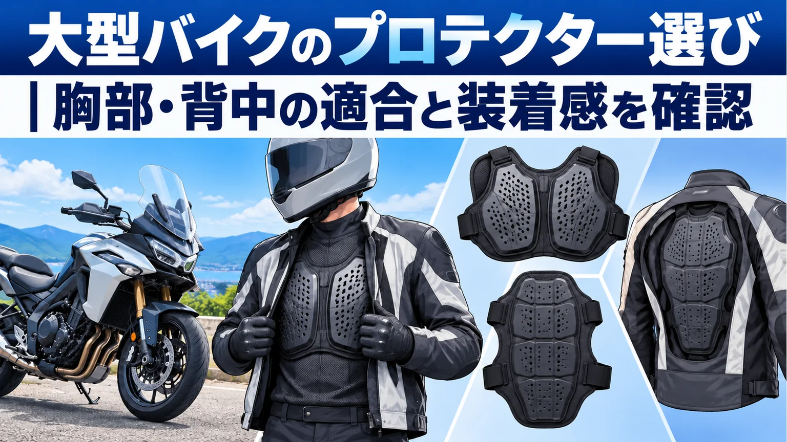 大型バイクの胸部と背中のプロテクターを適合と装着感で選ぶイメージ