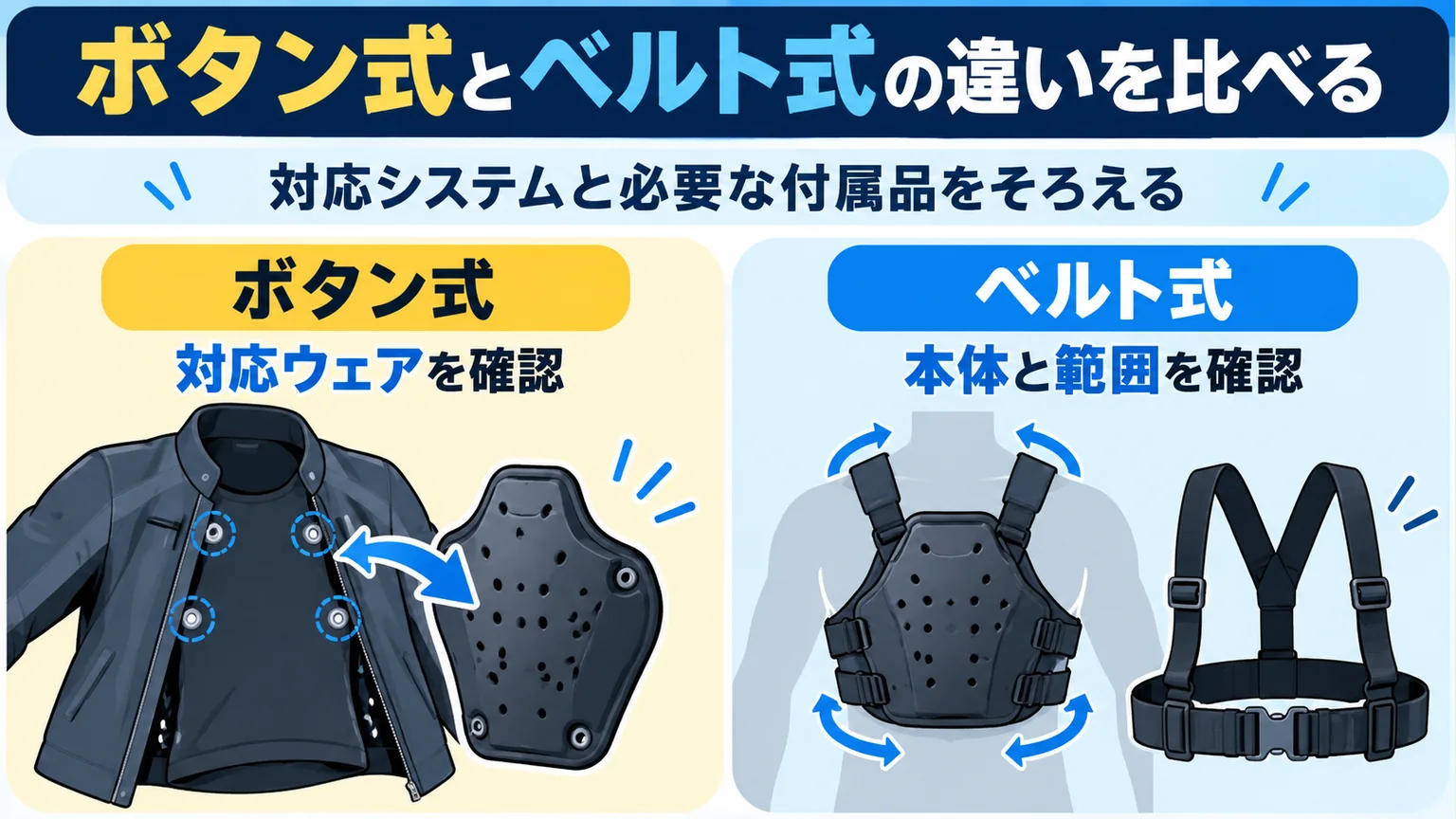 胸部プロテクターのボタン式とベルト式の対応条件を比較する図
