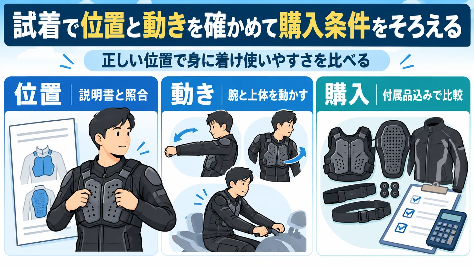 プロテクターを試着し位置と動き、付属品込みの購入条件を確認する図