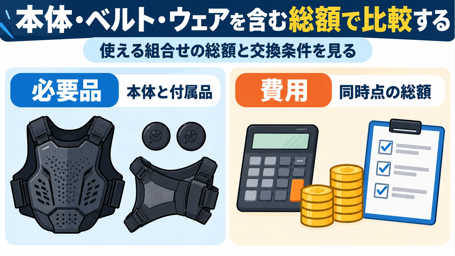 必要なプロテクター本体と付属品を同じ時点の総額で比較する図