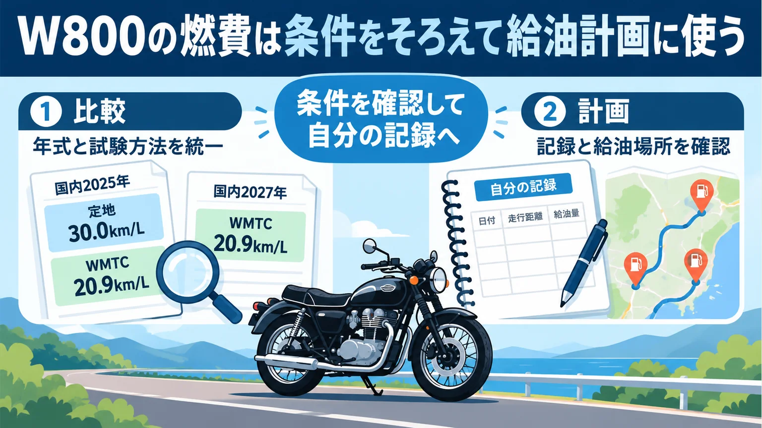 W800の燃費は条件をそろえて給油計画に使うを整理した図解