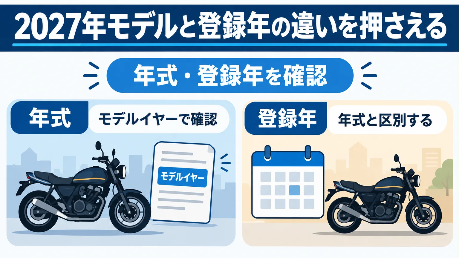 モデルイヤーで確認する年式と、年式と区別する登録年を資料とカレンダーで示す図。
