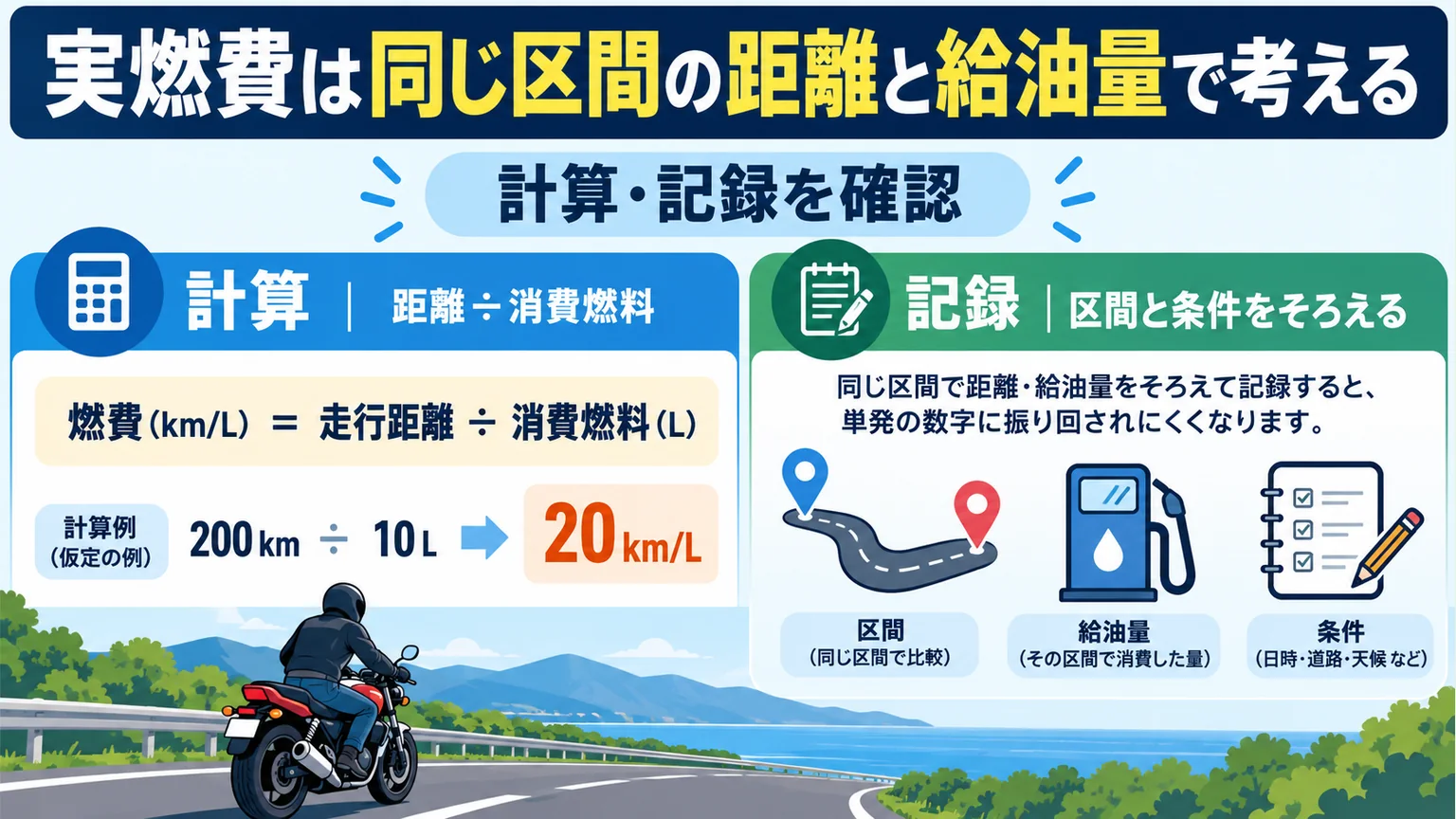 距離を消費燃料で割る計算と同一区間の記録を説明。200kmと10Lで20km/Lになる仮定例を明記。